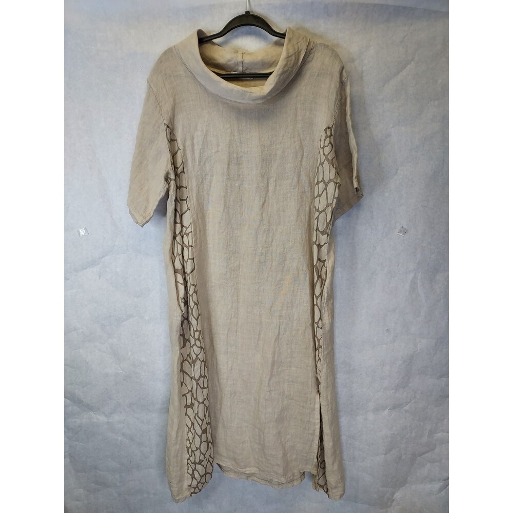 Lagenlook Linen Midi Shift Dress Women's L Boatneck Pockets Made in Italy Animal